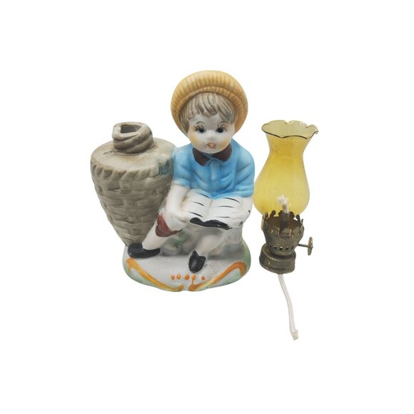 Vintage Porcelain Boy Reading Figurine Oil Lamp With Amber Glass Shade - Picture 2 of 5
